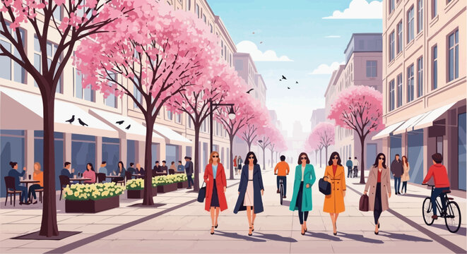 Women walk down a city street lined with pink cherry blossom trees on a sunny day with buildings and people