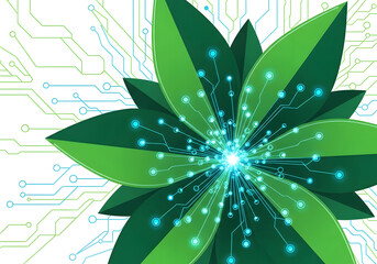 Digital plant illustration with vibrant green leaves and glowing circuits in a tech-inspired design
