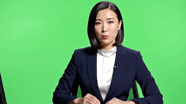 A professional female news reporter sitting in front of a green screen, wearing a navy blue blazer and white shirt, with a serious expression.