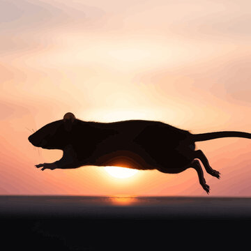 Silhouette of a rat jumping against a sunset.