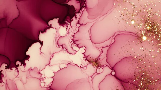 Mesmerizing abstract art featuring delicate pink and rich maroon alcohol ink patterns, beautifully adorned with golden glitter. Perfect for fashion and beauty promotions.