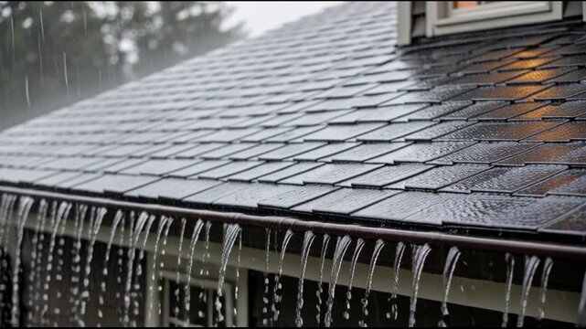 Heavy rain pouring down a dark shingled roof and overflowing gutter.