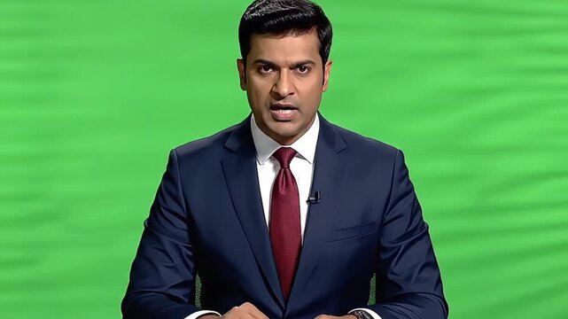 A professional male news reporter standing in front of a green screen, dressed in a navy blue suit and red tie, presenting news with a serious expression.