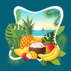 Tropical fruits arrangement with a sunset background and palm leaves
