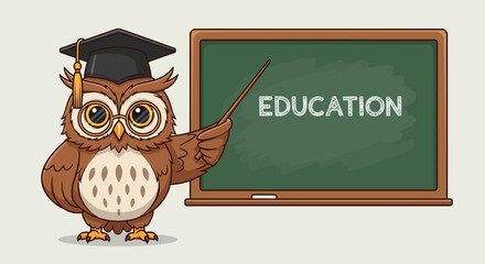 Smart Owl Teacher with Graduation Cap Pointing at Blackboard Cartoon Illustration