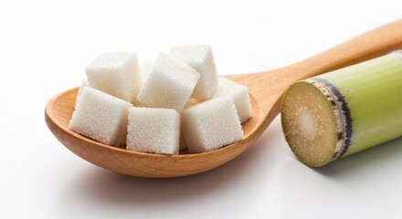White sugar cubes piled in a wooden spoon next to a piece of sugarcane, all on white