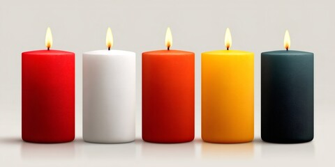 Group of five colorful burning candles creating warm light