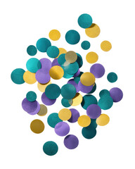 Fototapeta premium Scattered Metallic Confetti Circles in Purple, Teal, and Gold on a Transparent Background. Cutout Element Digital Design Asset