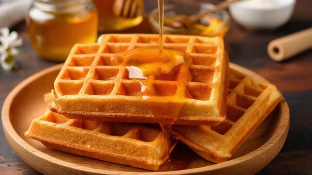 Golden crispy waffles stacked on a plate with honey drizzle, styled as a delicious homemade breakfast treat in warm natural light.