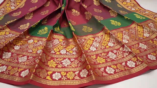 Richly Woven Silk Saree With Intricate Gold Floral Motifs And Dual Tone Red And Green Fabric