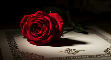 Elegant Red Rose Symbolizing Love and Remembrance on a Decorative Document