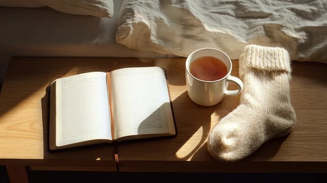 Cozy morning scene with a book, tea, and socks on a wooden bedside table, bathed in soft natural light