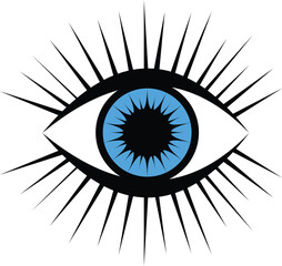 Stylized blue eye with radiating black spikes white
