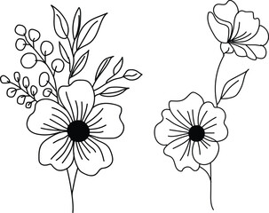 Two black line floral arrangements on white background