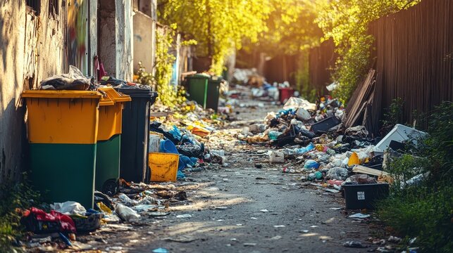 A cluttered urban alleyway overflowing with trash and discarded items under bright sunlight