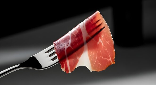 Rebanadas de prosciutto en el tenedor de cerca, presentaci&oacute;n gourmet de delicias de carne curada, aperitivo de jam&oacute;n italiano de primera calidad, fotograf&iacute;a de comida de alta cocina, concepto de refri