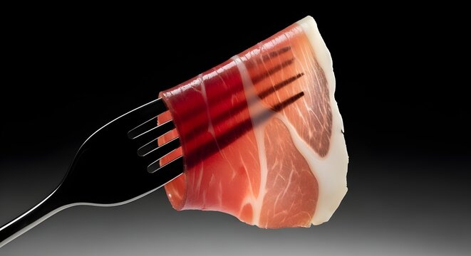 Rebanadas de prosciutto en el tenedor de cerca, presentaci&oacute;n gourmet de delicias de carne curada, aperitivo de jam&oacute;n italiano de primera calidad, fotograf&iacute;a de comida de alta cocina, concepto de refri