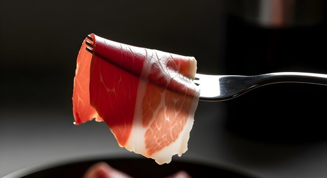 Rebanadas de prosciutto en el tenedor de cerca, presentaci&oacute;n gourmet de delicias de carne curada, aperitivo de jam&oacute;n italiano de primera calidad, fotograf&iacute;a de comida de alta cocina, concepto de refri