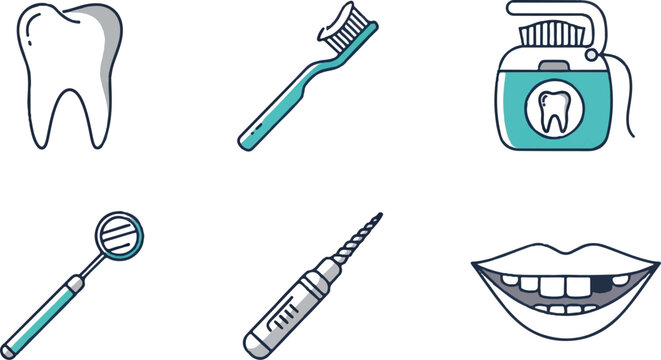 Dental care icons tooth toothbrush floss mirror tool and mouth