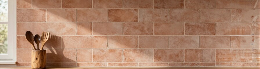 Warm terracotta kitchen backsplash with wooden utensils and morning sunlight for rustic interior design background