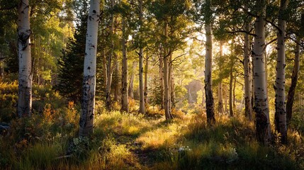 Obraz premium Morning sun lights up Tetons from an Aspen grove in Wyoming.