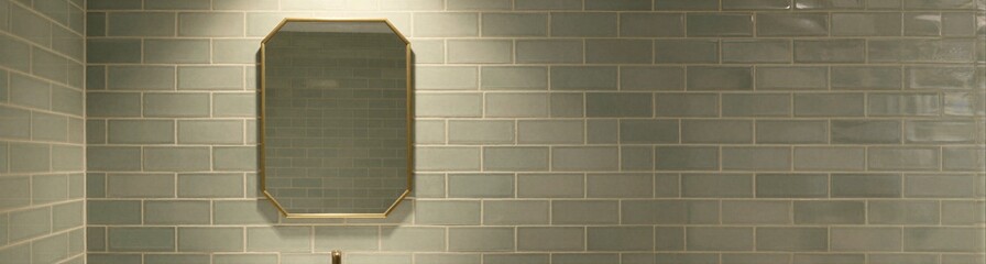 Fototapeta premium Green subway tile bathroom wall with brass framed mirror and vanity interior design background for design, card, poster, background