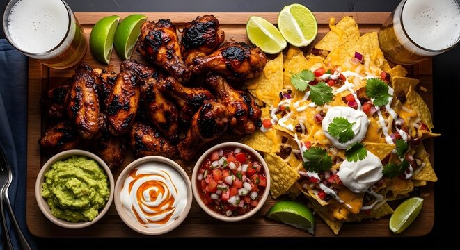 Un delicioso fest&iacute;n de comida de pub que incluye alitas de pollo a la barbacoa, nachos con guacamole y dos pintas de cerveza en una mesa de madera r&uacute;stica oscura.