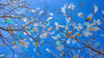 Plastic debris flutters on branches, polluting the bright blue sky.