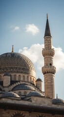 Obraz premium Grand Mosque Dome and Minaret Against a Cloudy Blue Sky.