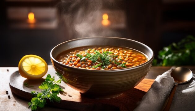Steaming Bowl Of Lentil Soup With Lemon And Herbs On Table