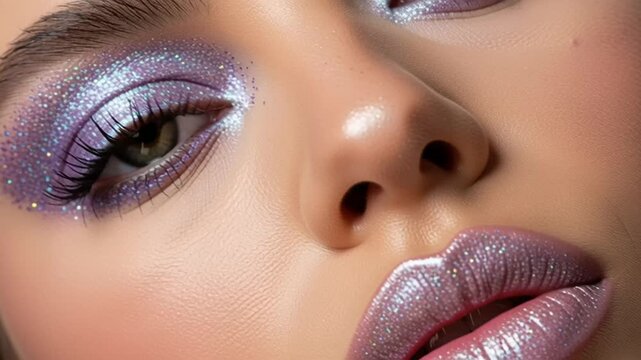 A woman with purple eyeshadow and lipstick looking directly at the camera with a glamorous makeup look in a close-up video portrait.