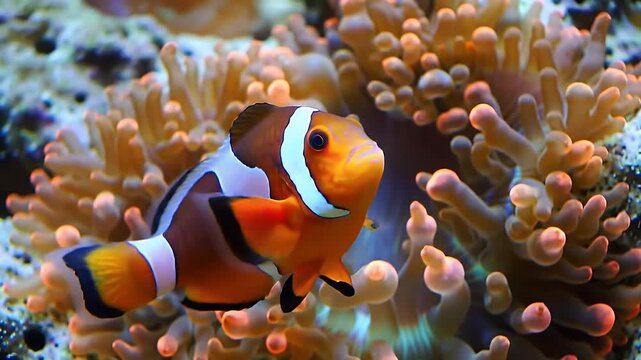 Vibrant Clownfish Finds Shelter in a Lush Coral Reef - Underwater Marine Life Portrait for Nature and Wildlife Themes