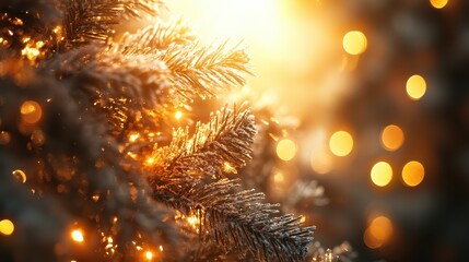 Fototapeta premium Close up of a festive Christmas tree branch adorned with warm golden lights and bokeh effects during the holiday season