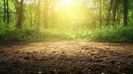 Fototapeta premium Forest floor with rich soil and dappled sunlight filtering through trees