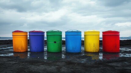 Four colorful recycling bins arranged in a row on a wet, overcast waterfront, awaiting waste collection for environmental management.