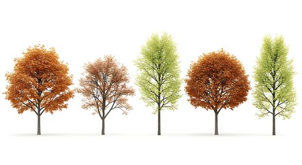 Obraz premium Five Trees in Different Autumn Colors and Stages on White Background