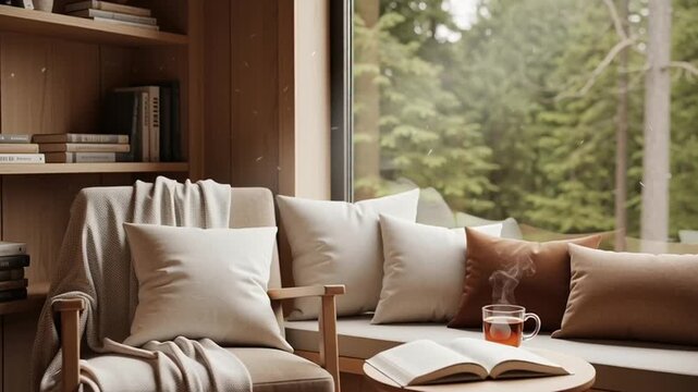 Cozy living room with comfortable couch and chair by a large window overlooking trees outside