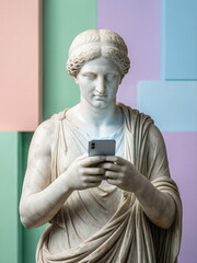 Fototapeta premium A classical Greek statue holding a mobile phone against a multi-colored background