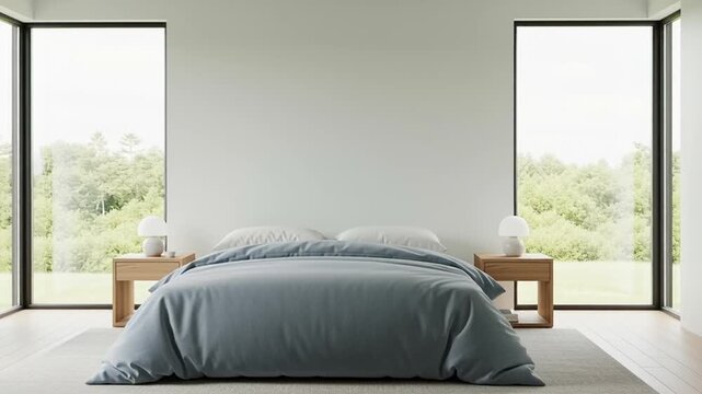 A serene bedroom with a large bed and two nightstands in front of floor-to-ceiling windows showing a green outdoor landscape in a video setting