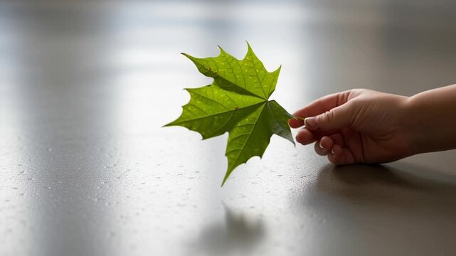 A hand gently holding a green maple leaf on a smooth surface with natural light