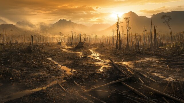 Devastated Tropical Rainforest Landscape After Deforestation and Logging Activities Under a Smoky Sky