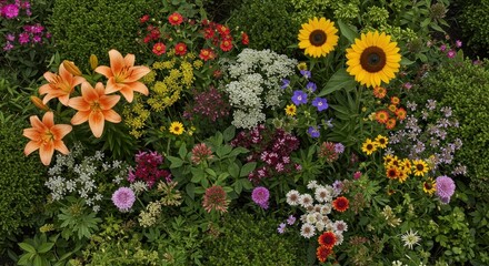 Obraz premium Colorful floral arrangement of various flowers and greenery top view composition