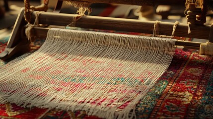 Naklejka premium Close-up view of intricate threads on a traditional weaving loom, showcasing detailed handmade textile art.