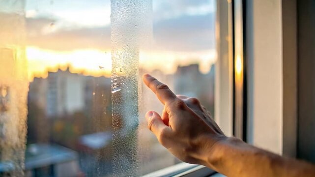 Hand touching foggy window with condensation at golden hour sunset