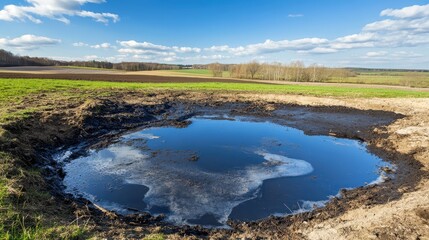Contaminated rural pond near farmlands under bright sunlight, showcasing environmental pollution