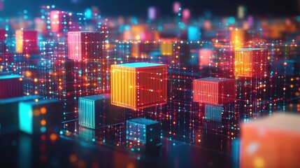 Fototapeta premium Futuristic Logistics Network with Vibrant Digital Containers Representing Advanced Supply Chain Management