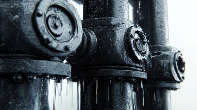 Detailed close-up of grimy industrial pipes and valves with dripping liquid under dramatic lighting
