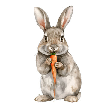 Watercolor Cute Grey Bunny Rabbit Holding a Bright Orange Carrot