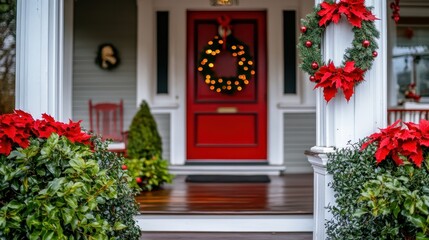 Fototapeta premium Festive red front door adorned with a Christmas wreath and lights, welcoming visitors to a beautifully decorated suburban home during the holidays.