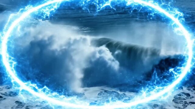 A glowing blue circle hovers above a crashing ocean wave